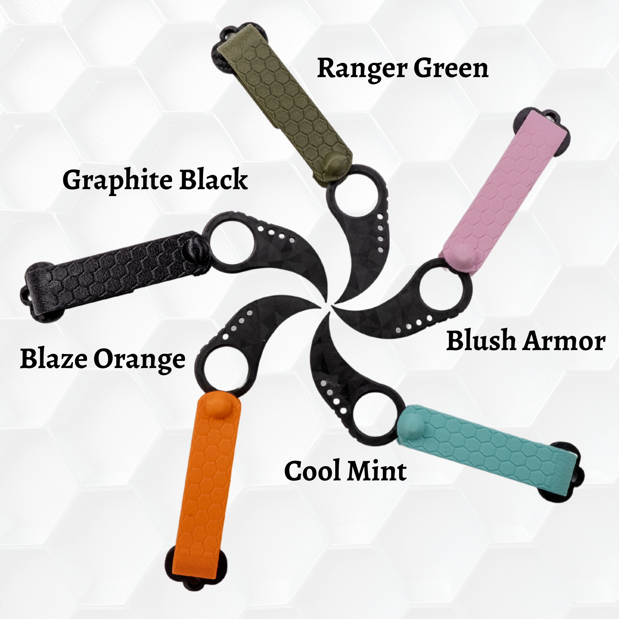F3 USA Claw key organizers in five colors arranged in a starburst pattern: Ranger Green, Blush Armor, Cool Mint, Blaze Orange, and Graphite Black.