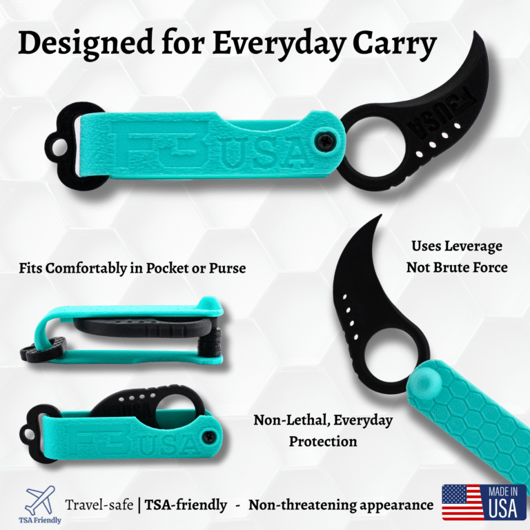 F3 USA Claw key organizer shown in multiple angles, highlighting compact design, non-lethal defense features, and TSA-friendly everyday carry.