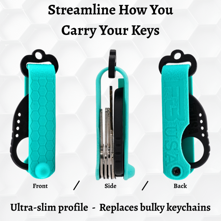 Three angles of the F3 USA Claw key organizer in Cool Mint and Graphite Black, showing ultra-slim profile that replaces bulky keychains.