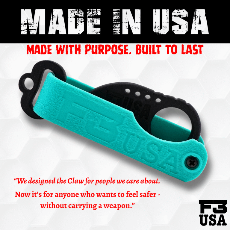 F3 USA Claw in Cool Mint and Graphite Black displayed with bold “MADE IN USA” headline and purpose-driven message about safe, weapon-free confidence.