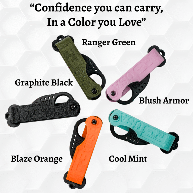 F3 USA Claw self-defense key organizers in five color options: Graphite Black, Ranger Green, Blush Armor, Blaze Orange, and Cool Mint. Shown in top-down layout.