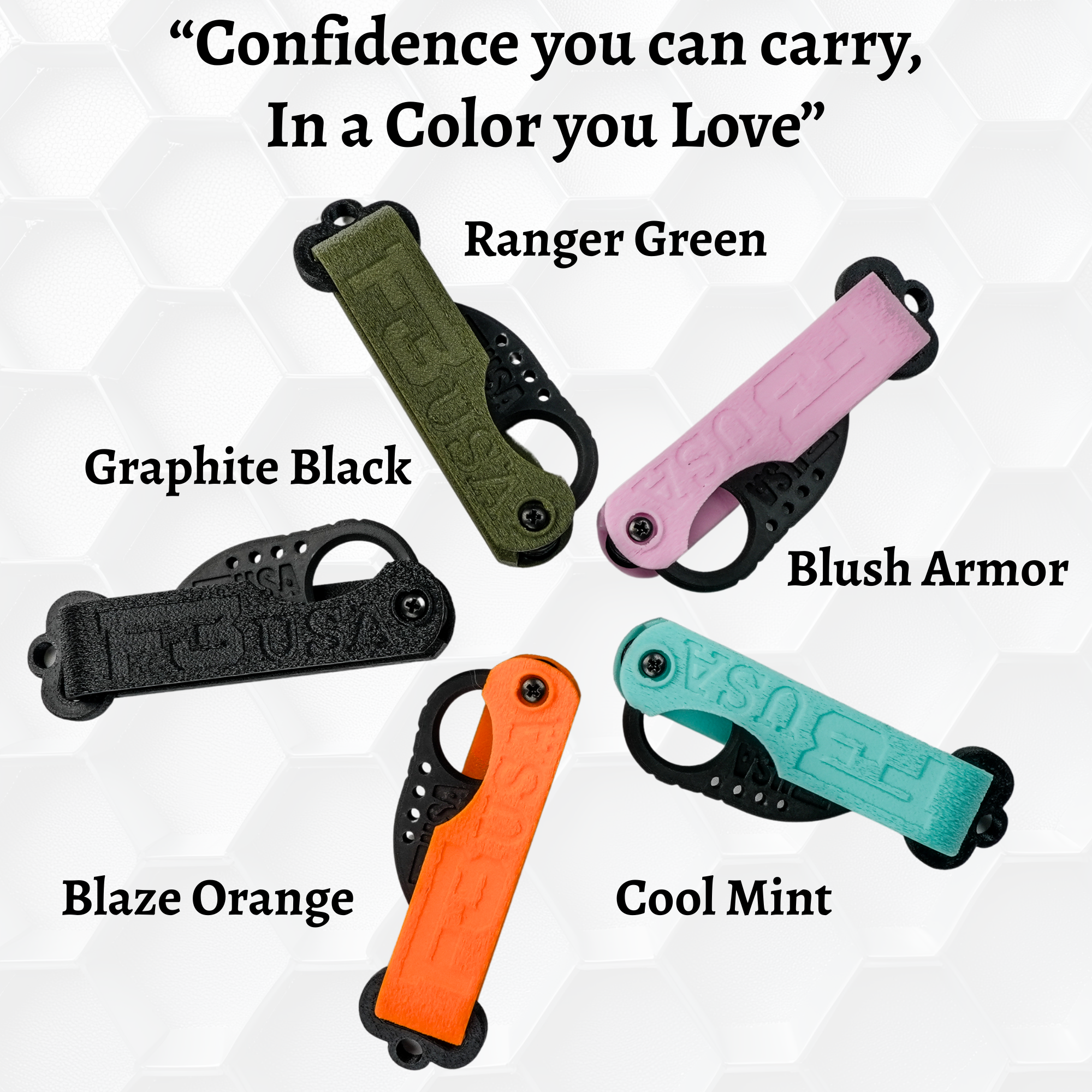 F3 USA Claw self-defense key organizers in five color options: Graphite Black, Ranger Green, Blush Armor, Blaze Orange, and Cool Mint. Shown in top-down layout.